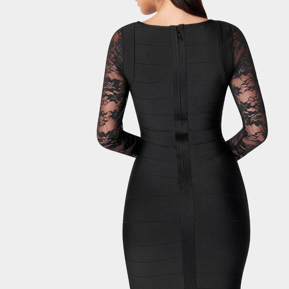 bebe Black Long Sleeve Lace Bandage Dress Size Medium - Picture 3 of 7